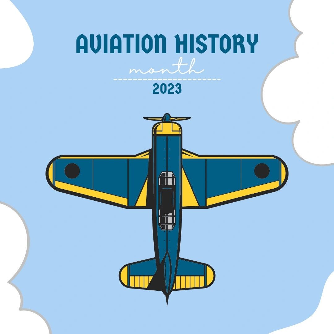 mickey markoff 2023 air sea exec — aviation history month 2023, text aside graphic of blue and tellow jet surrounded by white clouds and blue sky. Posted on 2024 mickey markoff article on aviation history