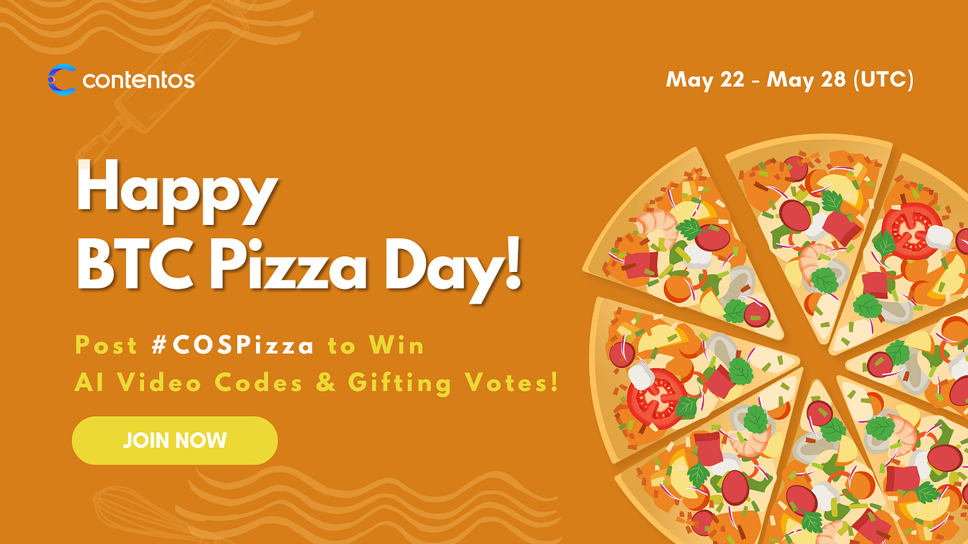 Happy Bitcoin Pizza Day! Post #COSPizza to Win AI Video Codes & Gifting  Votes! | by ContentosHome | Contentos | Medium