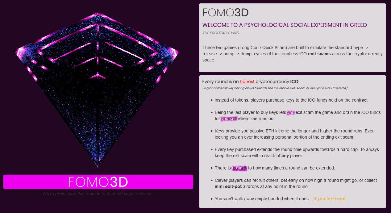 FOMO3D의 게임 규칙에 대하여. FOMO3D가 인기다. 이더리움 네트워크에서 DAU 2위를 기록하고… | by Sigrid Jin  | tokeonomy | Medium
