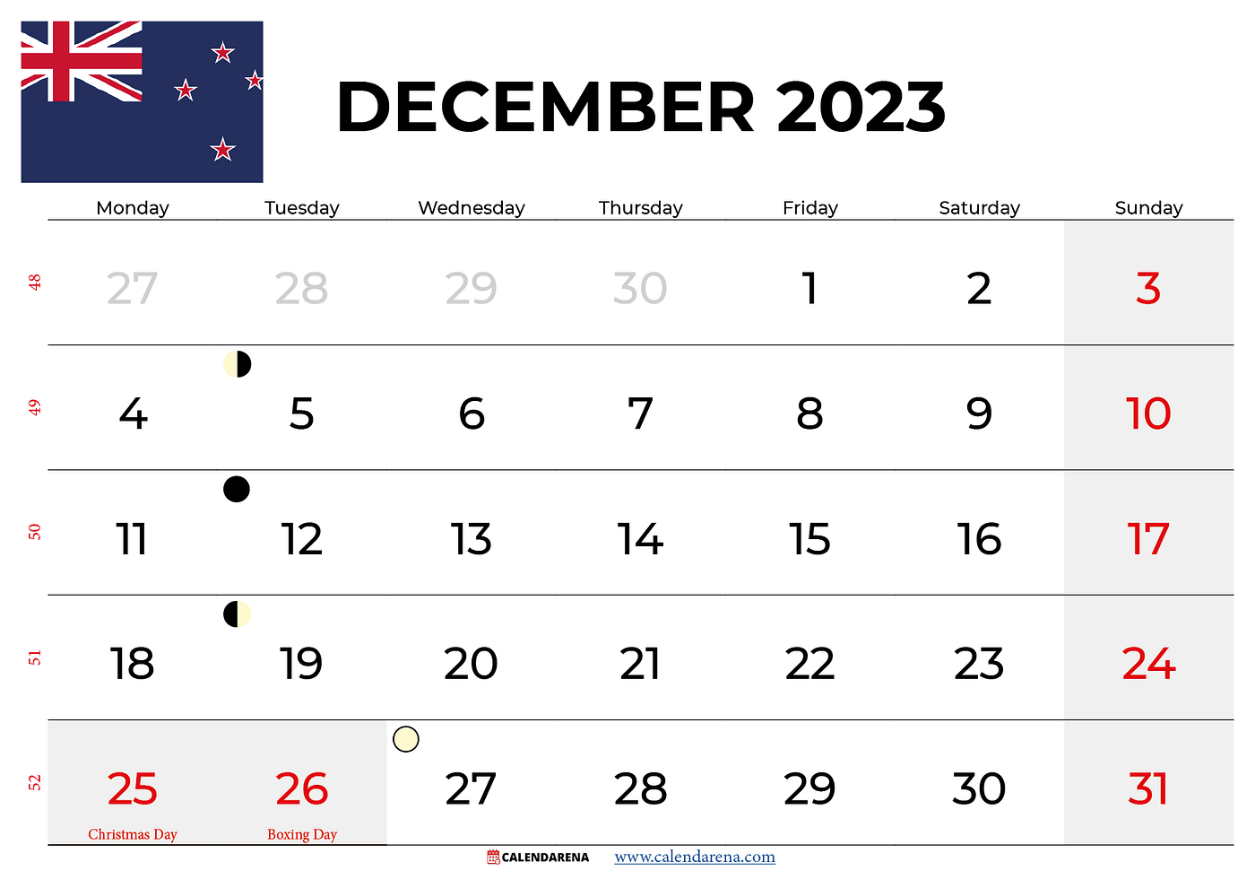 Free December 2023 Calendar New Zealand with holidays - Calendarena - Medium