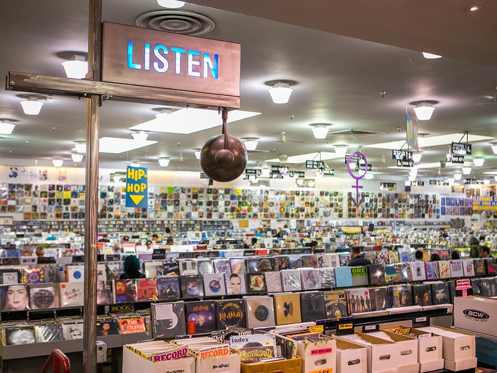 Rows and rows of vinyl and CDs inside Amoeba Records.