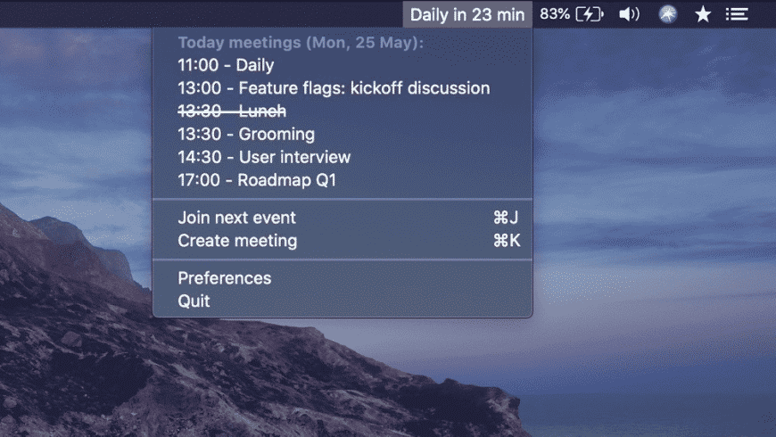 A screenshot showing a list of meetings in a dropdown list from the Menu Bar.