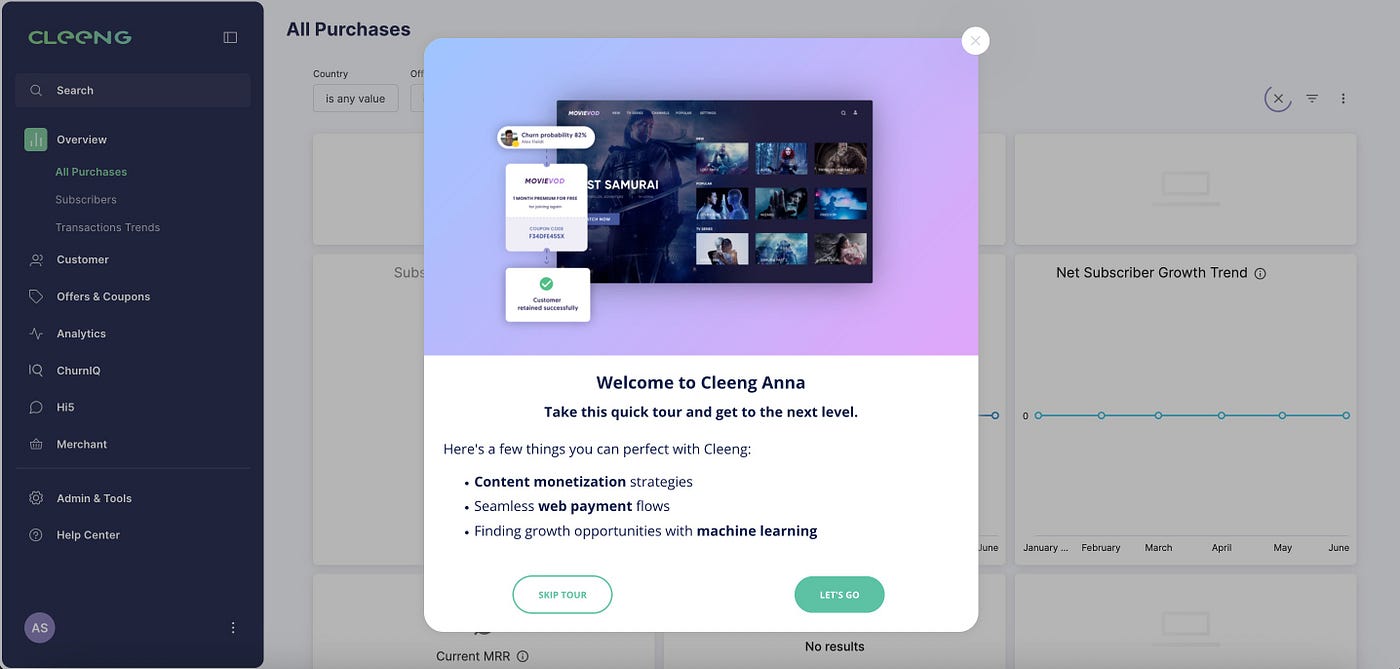 Cleeng’s in-app welcome modal.