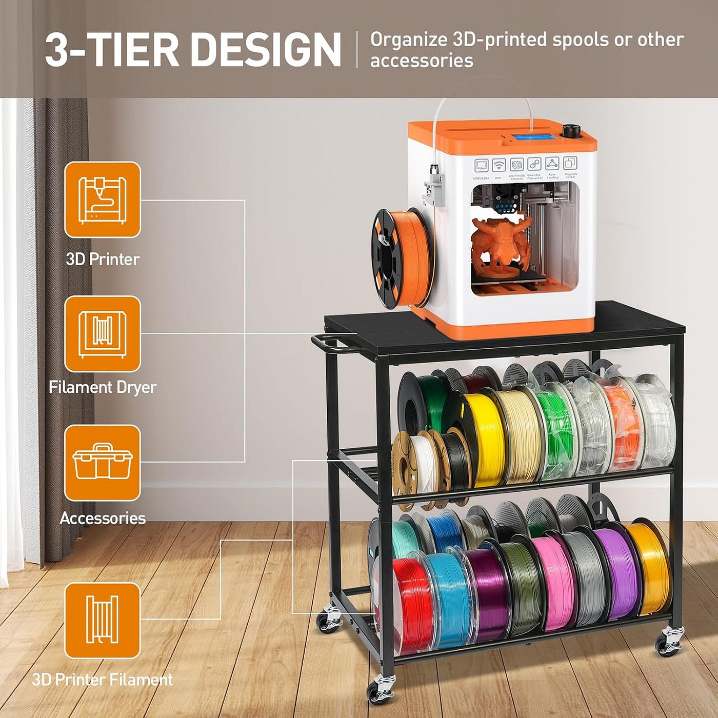 Ultimate 3D Printer Filament Storage: Heavy Duty Rack with Wheels!