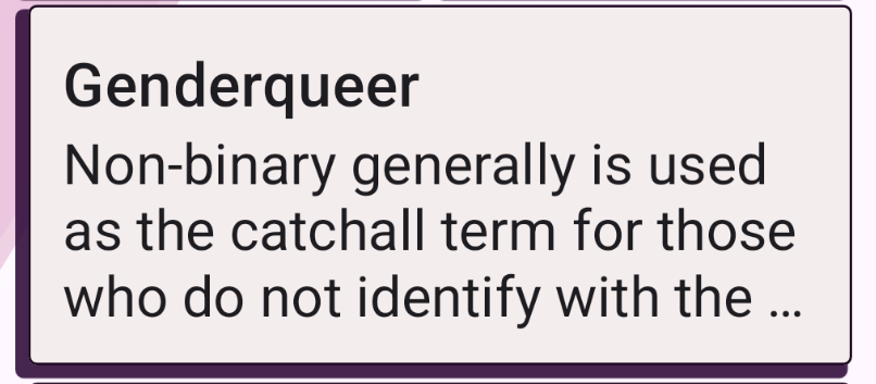 A card with title Genderqueer and truncated text Non-binary generally is used as the…