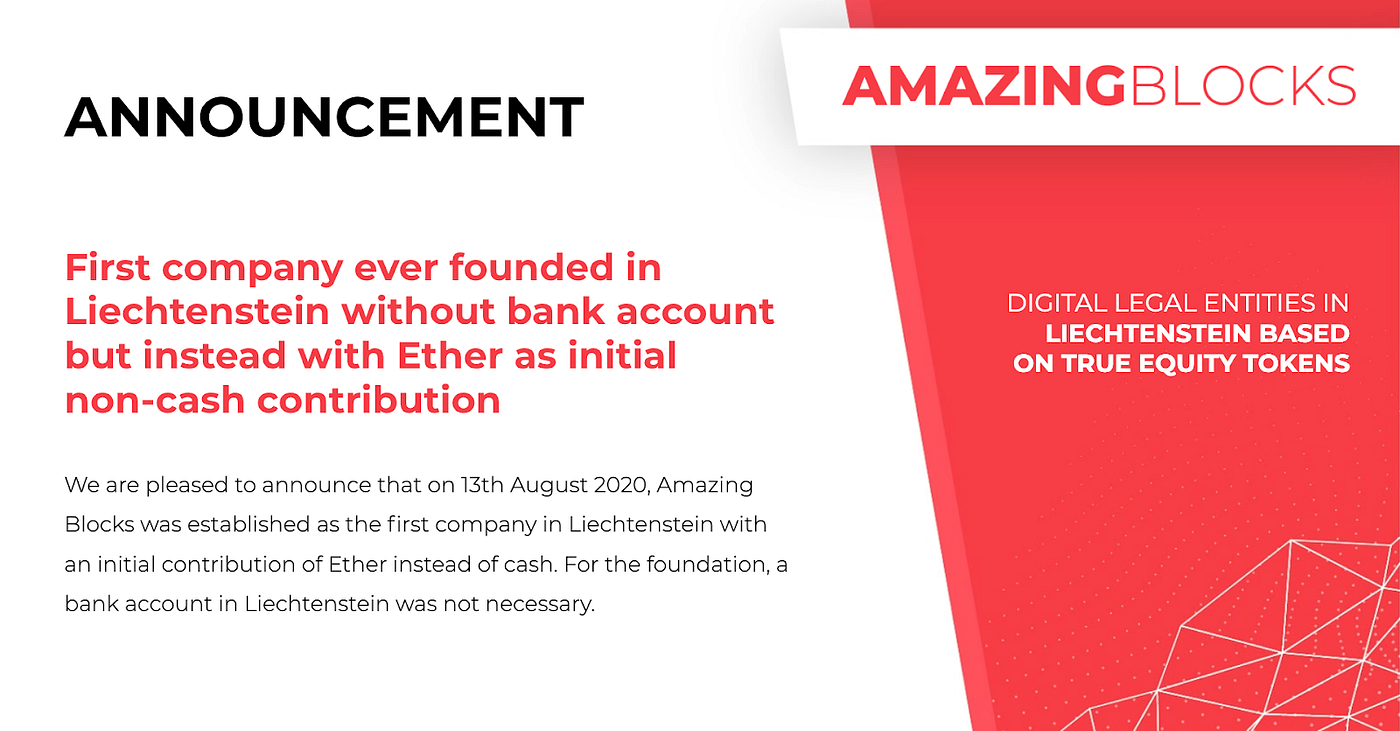 First company ever founded in Liechtenstein without bank account but  instead with Ether as initial non-cash contribution | by Amazing Blocks |  Medium
