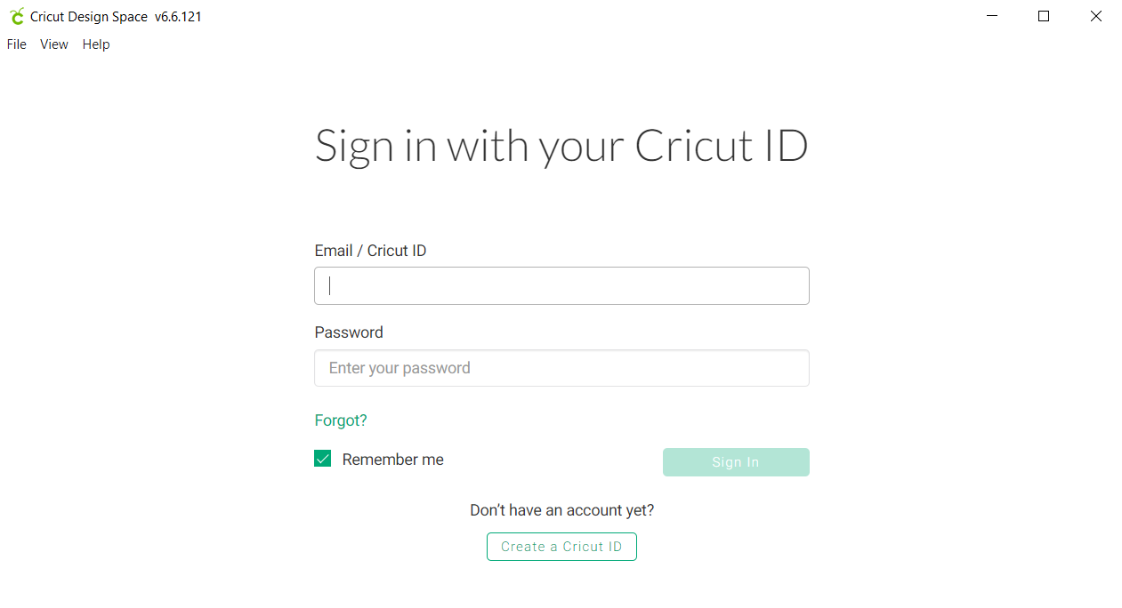 The Cricut app login page