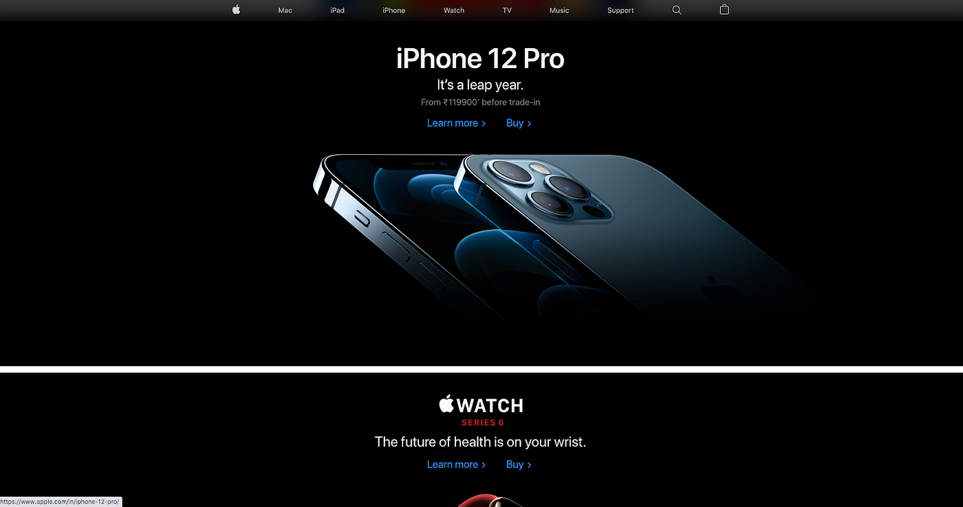 Iphone 12 Pro landing page with a pic of the Iphone 12 pro