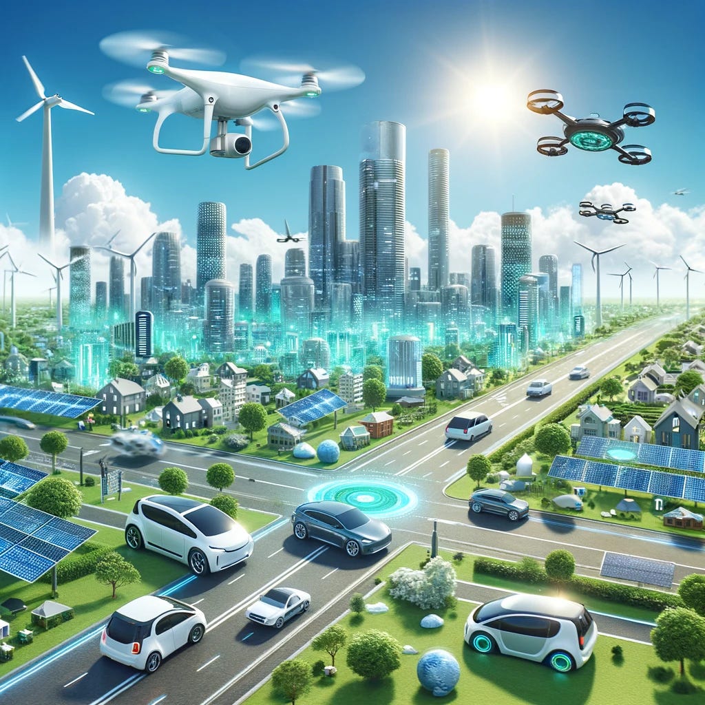 A futuristic cityscape depicts a blend of technology and sustainability, with autonomous vehicles like self-driving cars and drones smoothly navigating between buildings. The city is equipped with green energy solutions, including solar panels and wind turbines, under a clear blue sky. This harmonious integration of advanced technology and eco-friendly initiatives represents the potential urban development in 2024, showcasing a future where progress and environmental responsibility coexist.