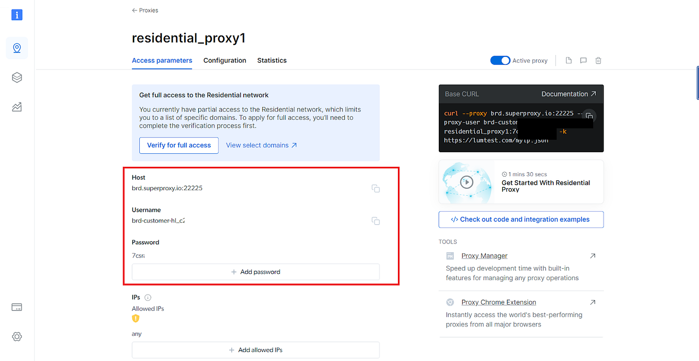 Bright Data proxy details page. You can access the necessary details, like the host, username, and password from this page.