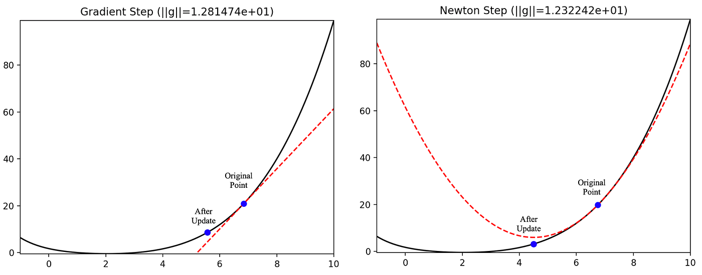 A gradient descent step (left) and a Newton step (right) on the same function.