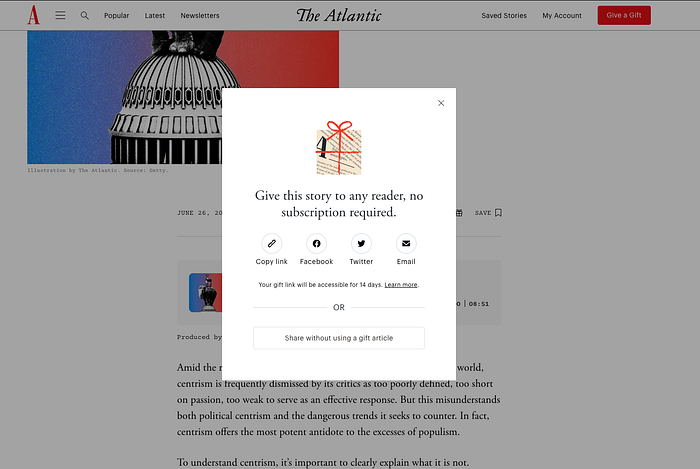 Article gifting for subscribers at The Atlantic