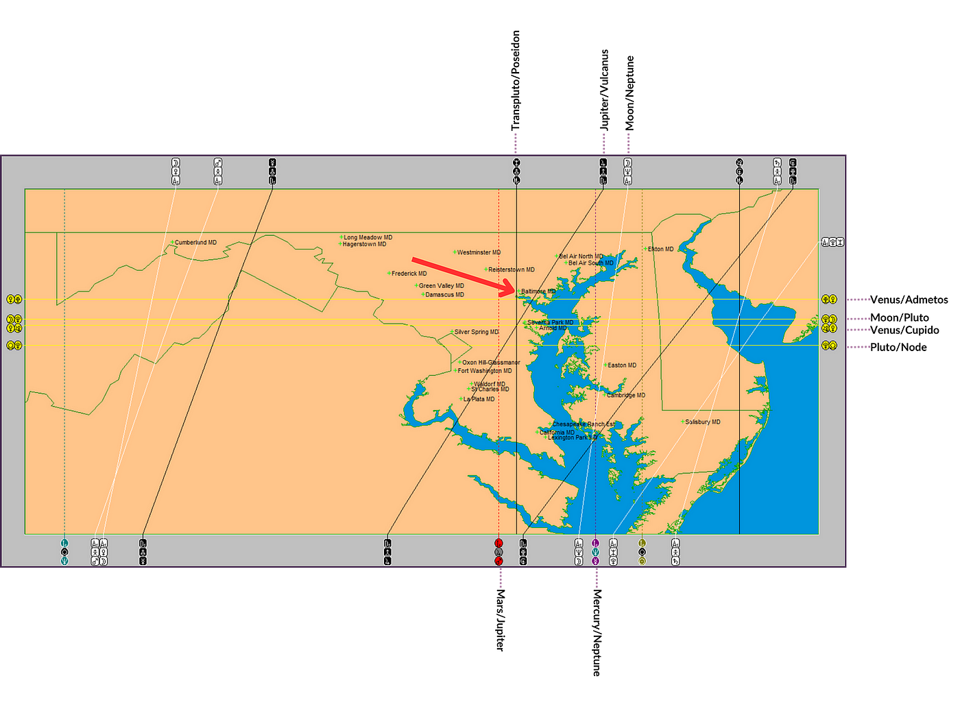 An astrocartography map of the planetary lines surrounding the city of Baltimore, from the exact time of the Francis Scott Key Bridge collapse on March 26, 2024 at 1:28 a.m.