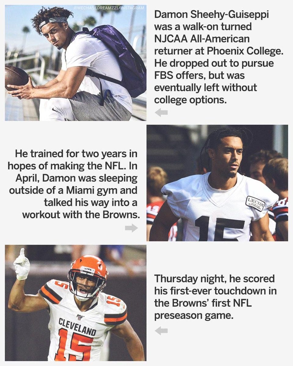 Damon Sheehy-Guiseppi's Story, Damon Sheehy-Guiseppi was jobless and  homeless when he told a little fib to get into a Browns free agent workout.  After fighting through tough, By CBS Sports