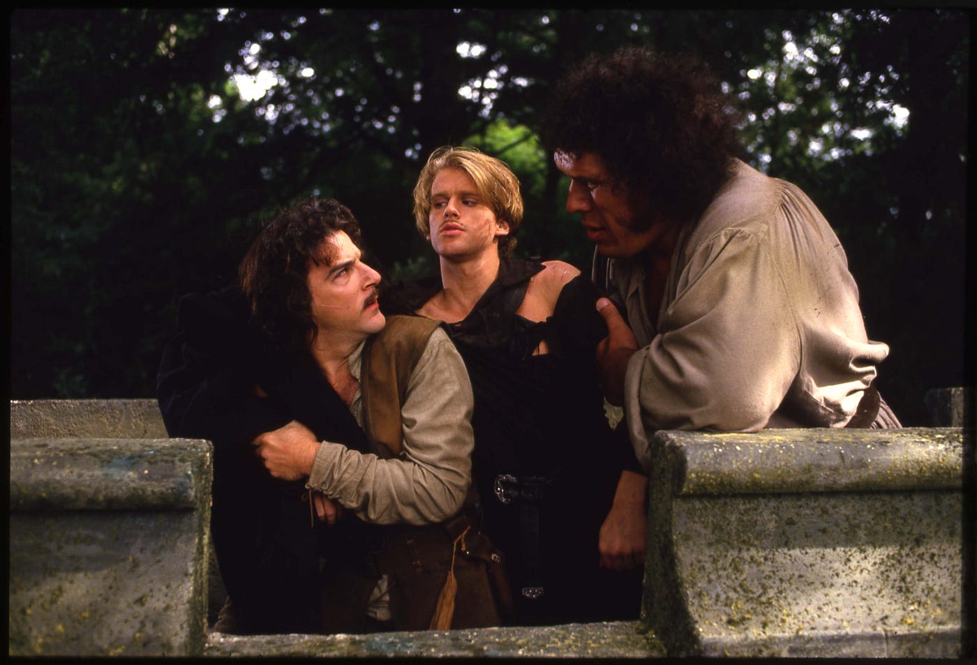 Mandy Patinkin as Inigo Montoya, Cary Elwes as Westley/the Dread Pirate Roberts, and André the Giant as Fezzik. 20th Century Fox / Interaccess Film Distribution