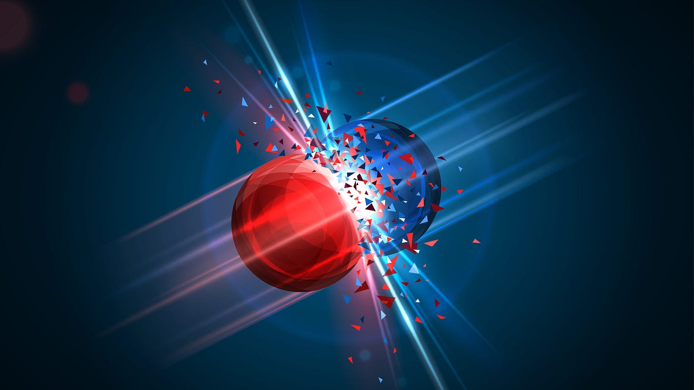 Whether elementary or composite, all known particles can annihilate with their antiparticle counterparts. In some cases, particles are matter and antiparticles are antimatter; in other cases, particles and antiparticles are neither matter nor antimatter, and sometimes particles are their own antiparticle, which is anticipated for many candidates for dark matter. The typical result of this annihilation is the production of two, equal-energy photons that fly off in opposite directions to one another, where the energy of each photon is given by Einstein’s E =mc², where m is the rest mass of the annihilating particle. (Credit: kotoffei / Adobe Stock)
