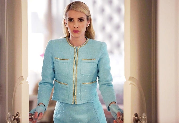 chanel oberlin blue dress Emma Roberts in baby blue Chanel dress and silver Brian Atwood heels