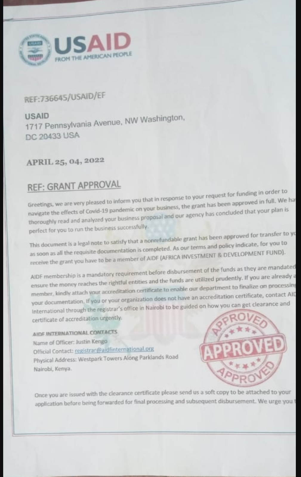 HOAX: This grant offer letter purportedly shared by USAID is a 