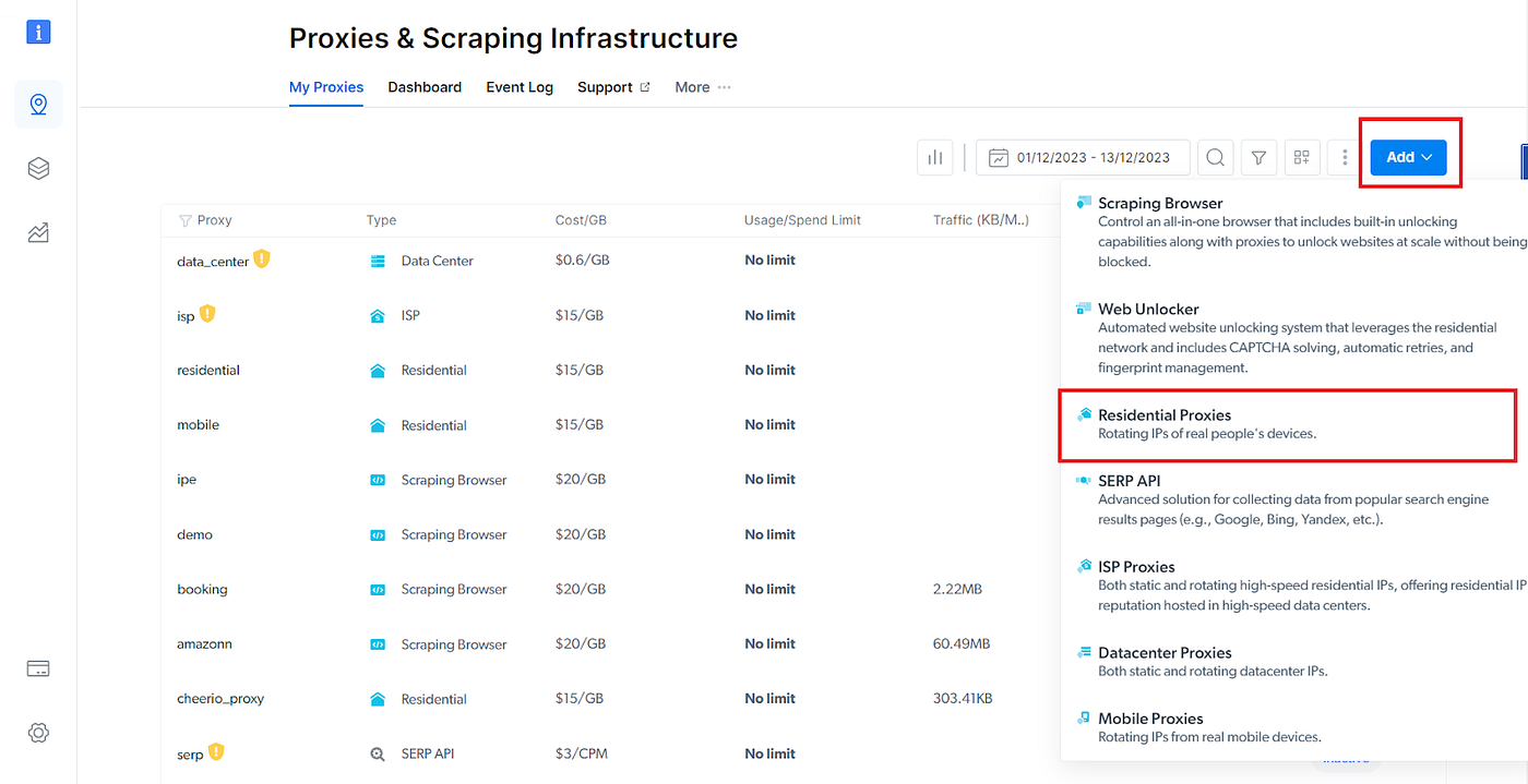 Selecting your proxy from the Bright Data dashboard.