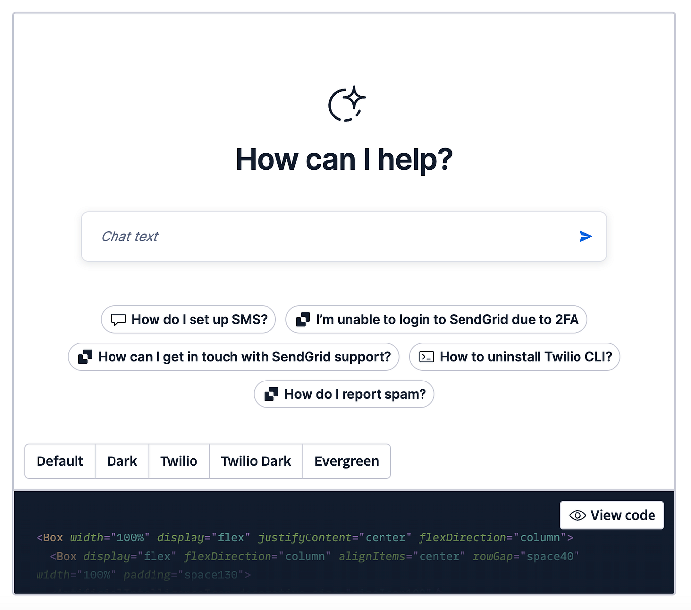 Twilio 的聊天示例，其中有一个空状态，并且在用户文本字段下方有多个 AI 提示
