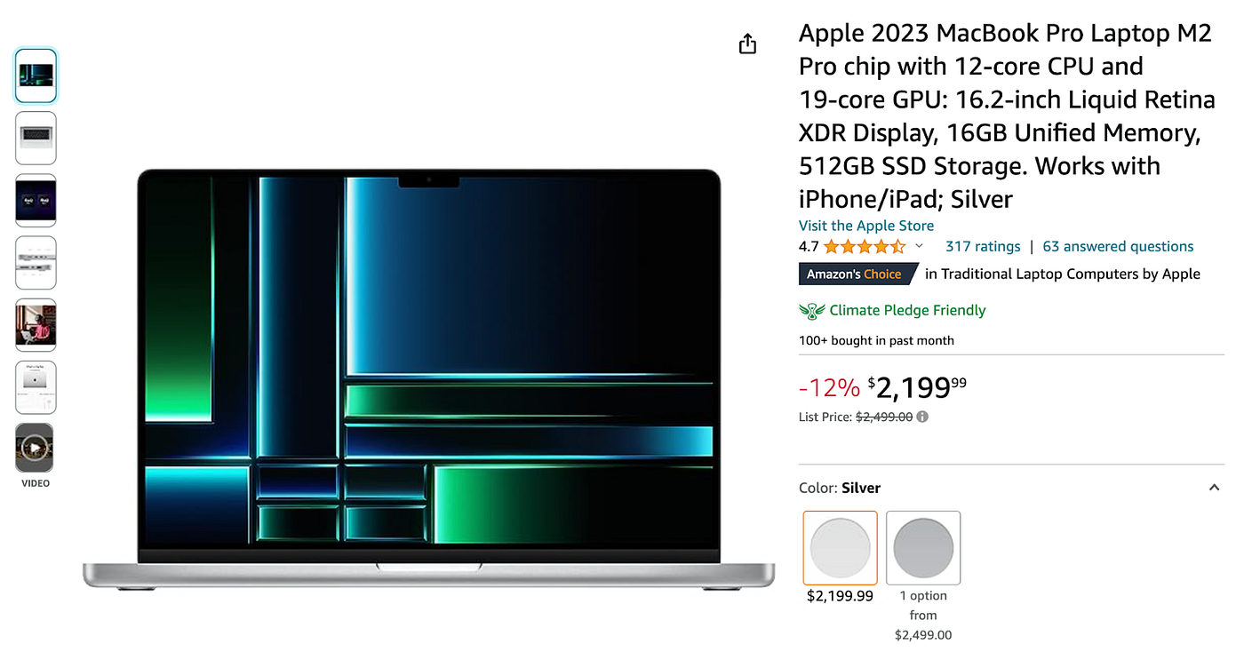 A screenshot of a product list: ‘Apple 2023 MacBook Pro Laptop’ on Amazon.