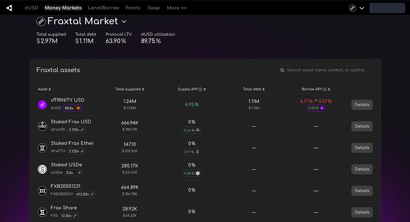 A screenshot of app.dtrinity.org showing a lower Net Borrow APY for dUSD than its Supply APY.