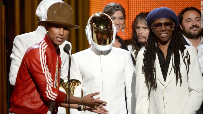 Pharrell Williams' Grammy 2015 Suit Is Adidas, Turns White When