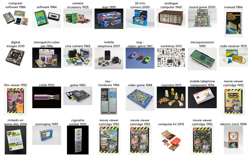 Examples of various toys over the years and how their colors have changed.