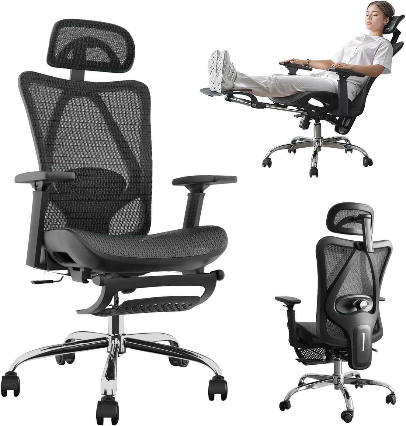 Ergonomic Office Chair, SGS Certified Gas Cylinder, Home Office Furniture Sets,Office Chair with Adjustable Lumbar Support and Seat Depth, Retractable Footrest, Mesh Office Chair Gaming Chair