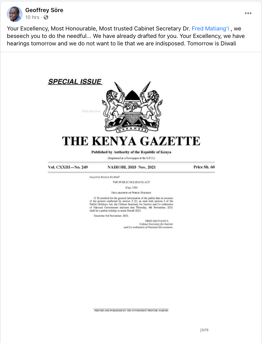 FAKE: This gazette notice declaring Diwali a public holiday in Kenya is  fabricated | by PesaCheck | PesaCheck