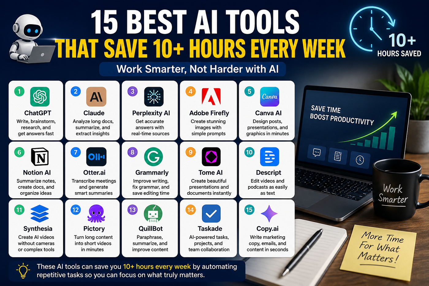 Modern workspace with AI tools boosting productivity and saving time