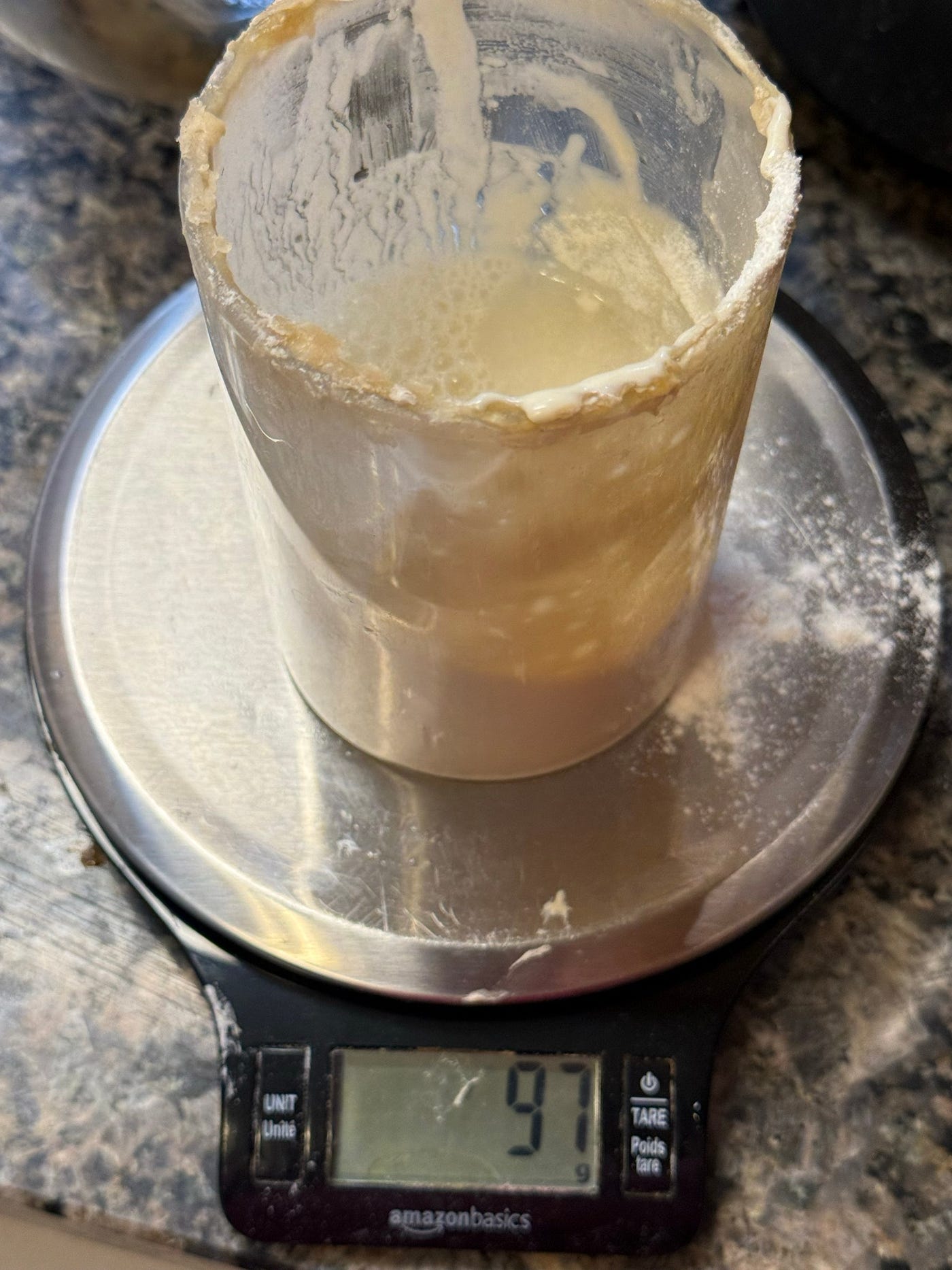 Feeding the starter: A starter that needs feeding (L), giving it 45g of AP flour (M), then about an equal amount of water (R). Last: stir it up!
