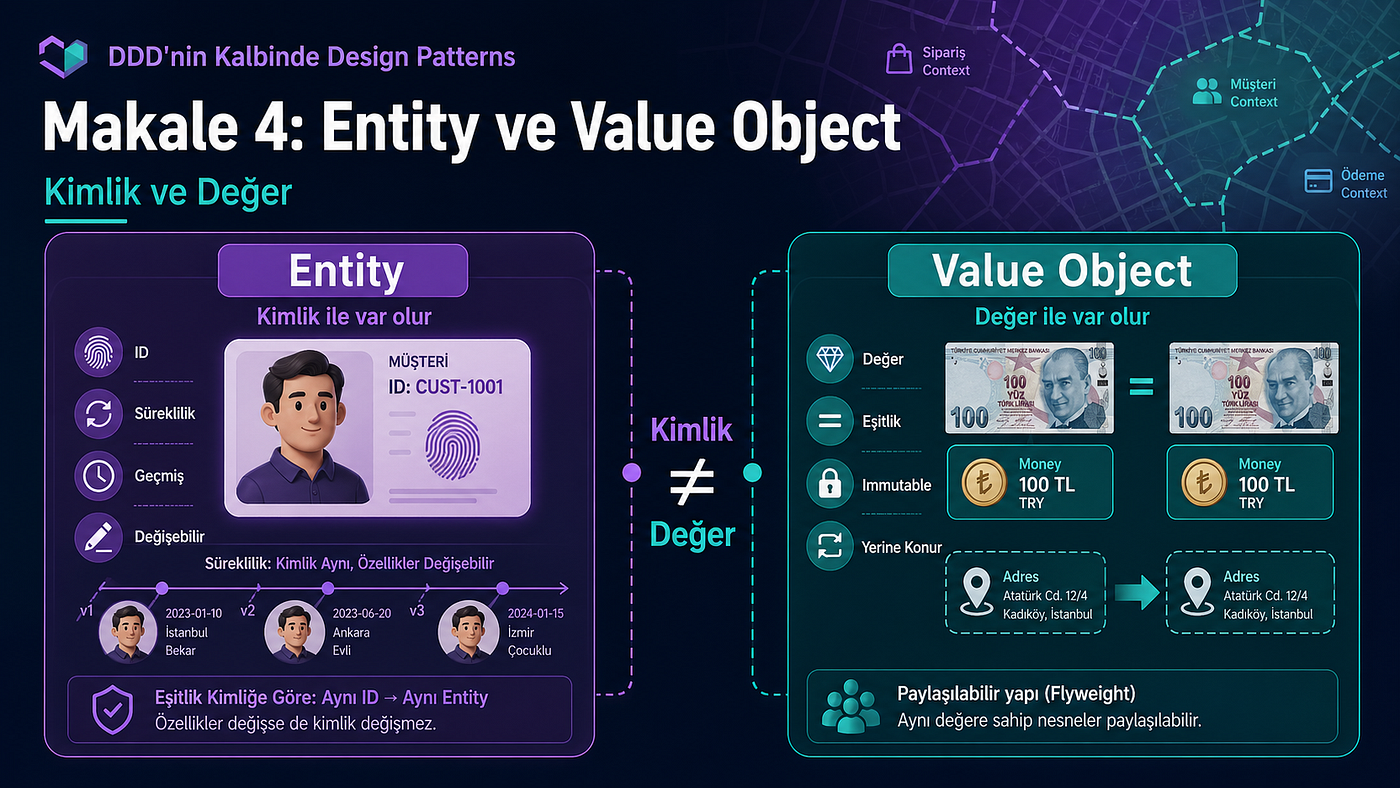 DDD’nin Kalbinde Design Patterns — Makale 4: Entity ve Value Object — Kimlik ve Değer