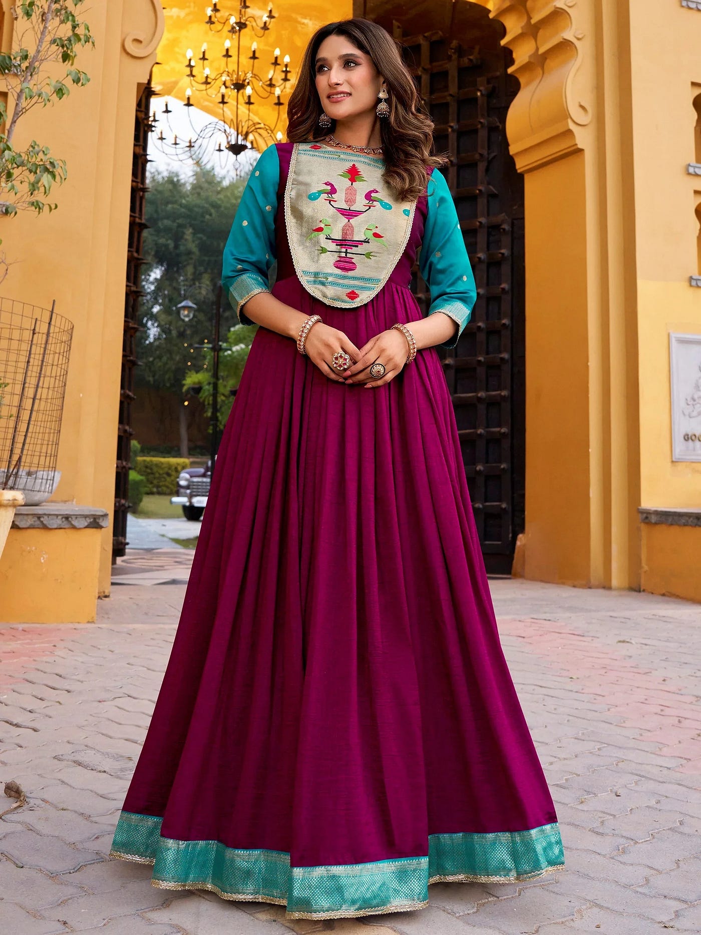 Wine Zari Weaving Silk Wedding Wear Gown