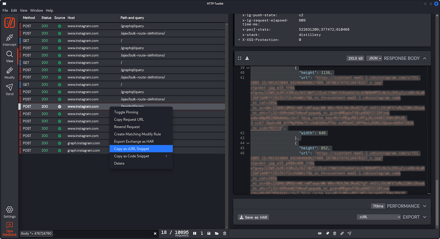 Copy the request to https://www.instagram.com/graphql/query as curl snippet