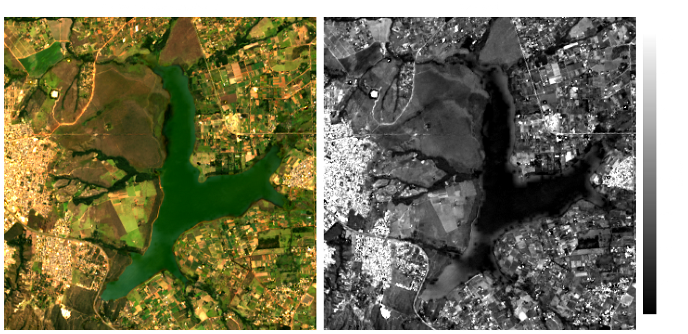 Comparação espectral da região do Rio do Descoberto em Brasília/DF usado o satélite Landsat 9. À esquerda, composição em Cor Verdadeira (RGB). À direita, Band 2 do Azul (~450–510 nm) em escala de cinza. Na área urbana, superfícies minerais claras como concreto e telhados apresentam alta reflectância, enquanto a vegetação aparece escura pela absorção molecular da clorofila nessa faixa. Nas áreas agrícolas, tons escuros indicam vegetação com clorofila ativa, tons médios indicam vegetação rala ou em início de crescimento, e tons claros indicam solo exposto sem cobertura vegetal , característica que torna o B2 eficiente para discriminar cobertura do solo. No corpo d’água, áreas rasas próximas às margens aparecem mais claras e a região central do rio aparece escura, indicando maior profundidade. Visualização gerada com Google Earth Engine via Python (Jupyter Notebook) e geocanvas, biblioteca de visualização de dados geoespaciais desenvolvida pelo autor