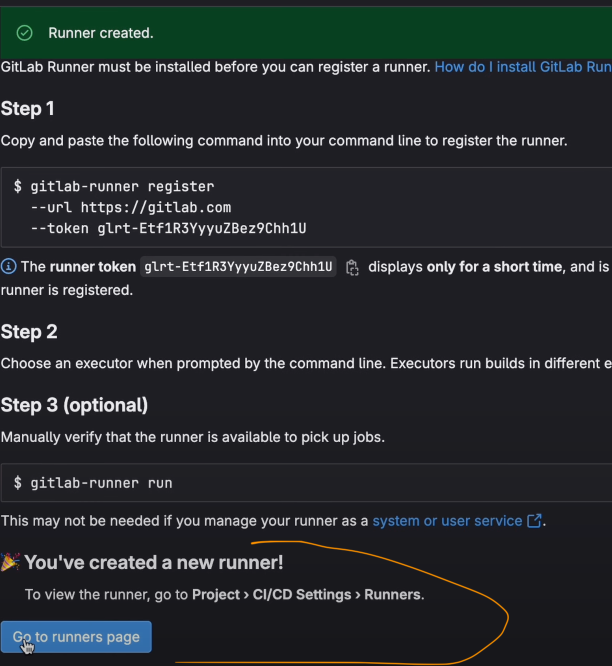 Successful GitLab Runner registration message