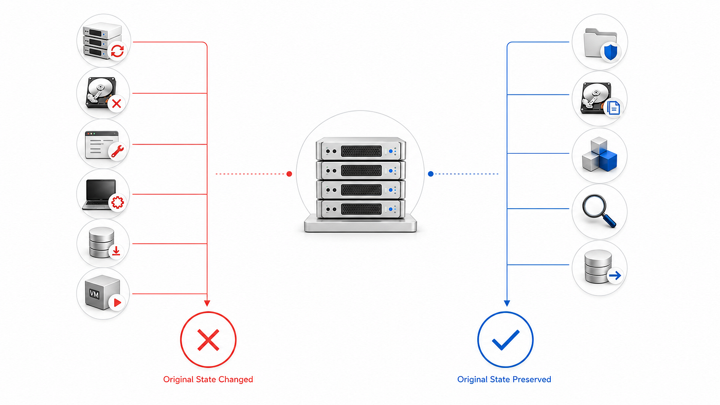 Rebuilding, initializing, repairing, or writing to the affected storage may destroy recoverable data; analysis should be performed on protected copies whenever possible