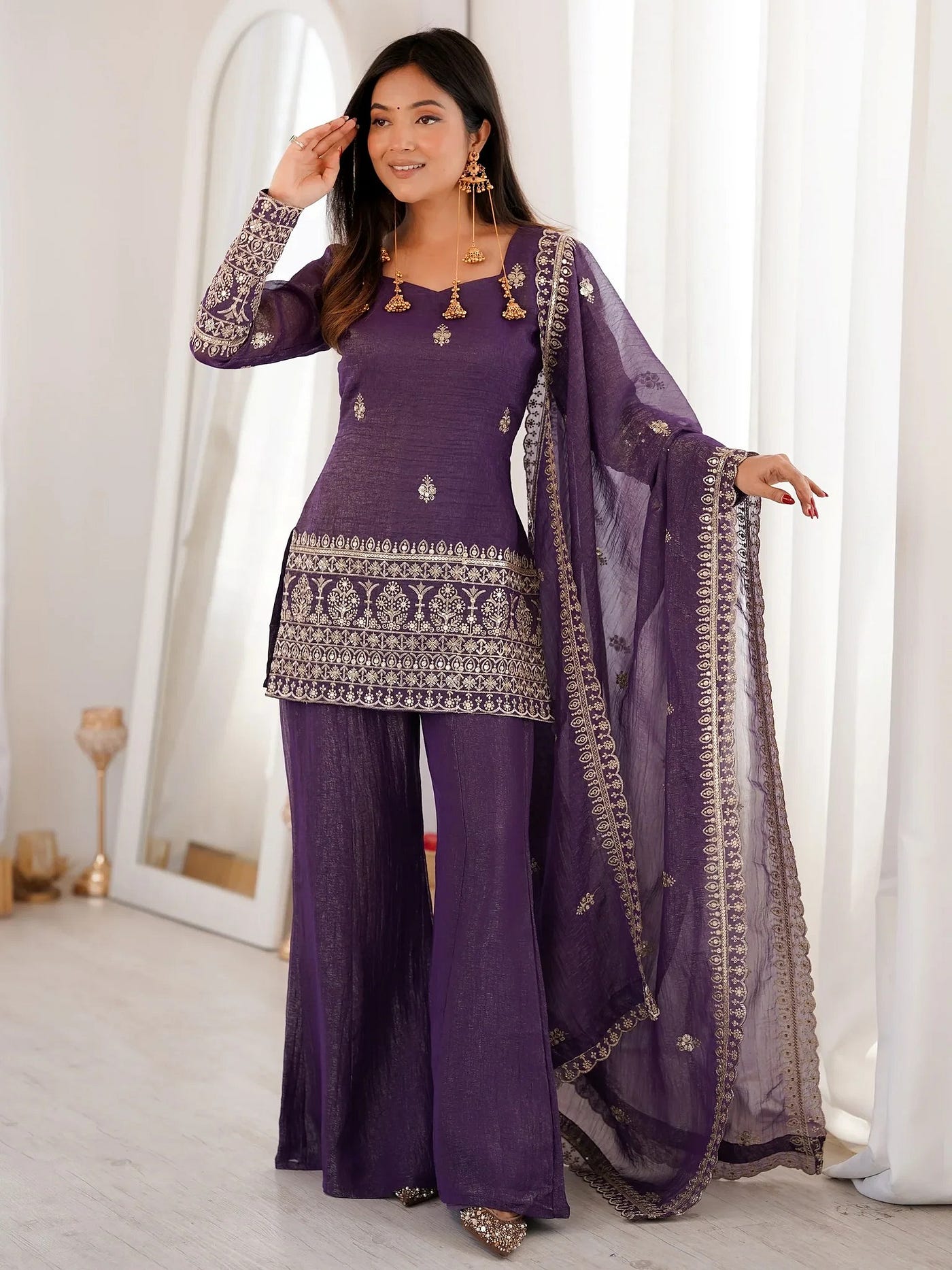 Purple Zari Work Silk Festival Wear Palazzo Suit With Dupatta