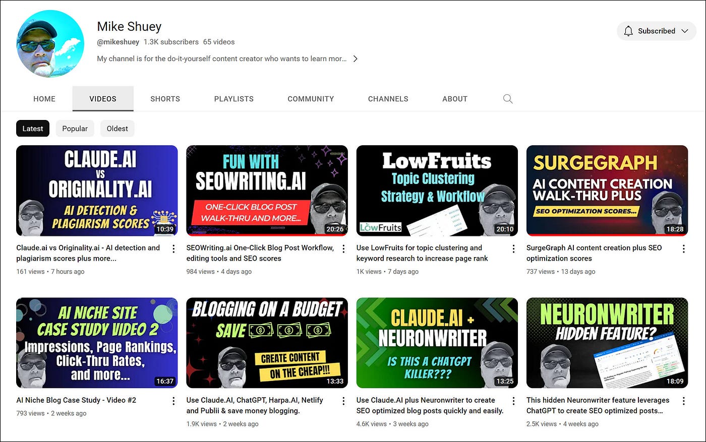 Screenshot of Mike Shuey’s YouTube videos page