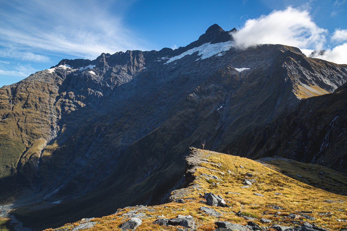 waterfall valley new zealand steep torrent group mountain blue