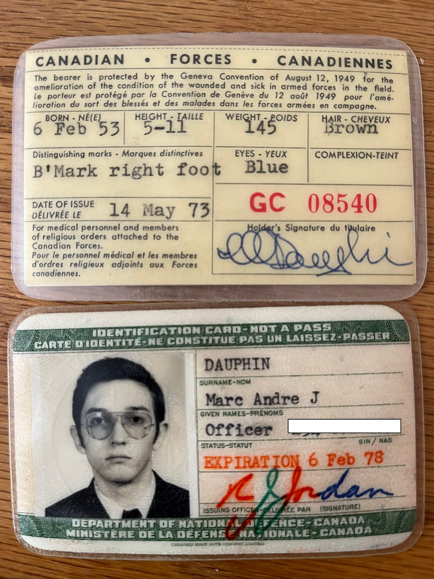 My first ID card when I was a twenty-year-old 2nd Lieutenant. Can’t say I matured early. That was the year I caught malaria in some exotic country where I was sent. That 145lbs is an exaggeration.