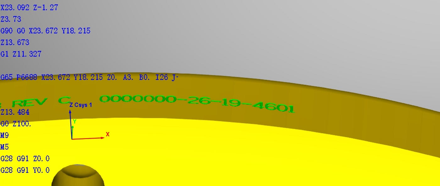 Figure 1. VT verification of the curved-surface engraving module, demonstrating automatic conversion of planar character trajectories into curved-surface toolpaths through real-time surface compensation calculations.