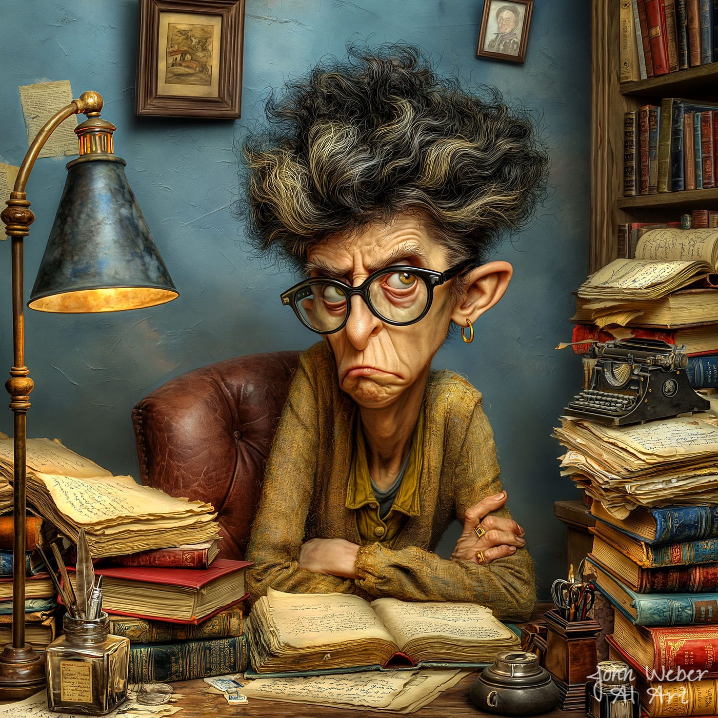 an image of a librarian who is very disgruntled — created and owned by John Weber AI Art