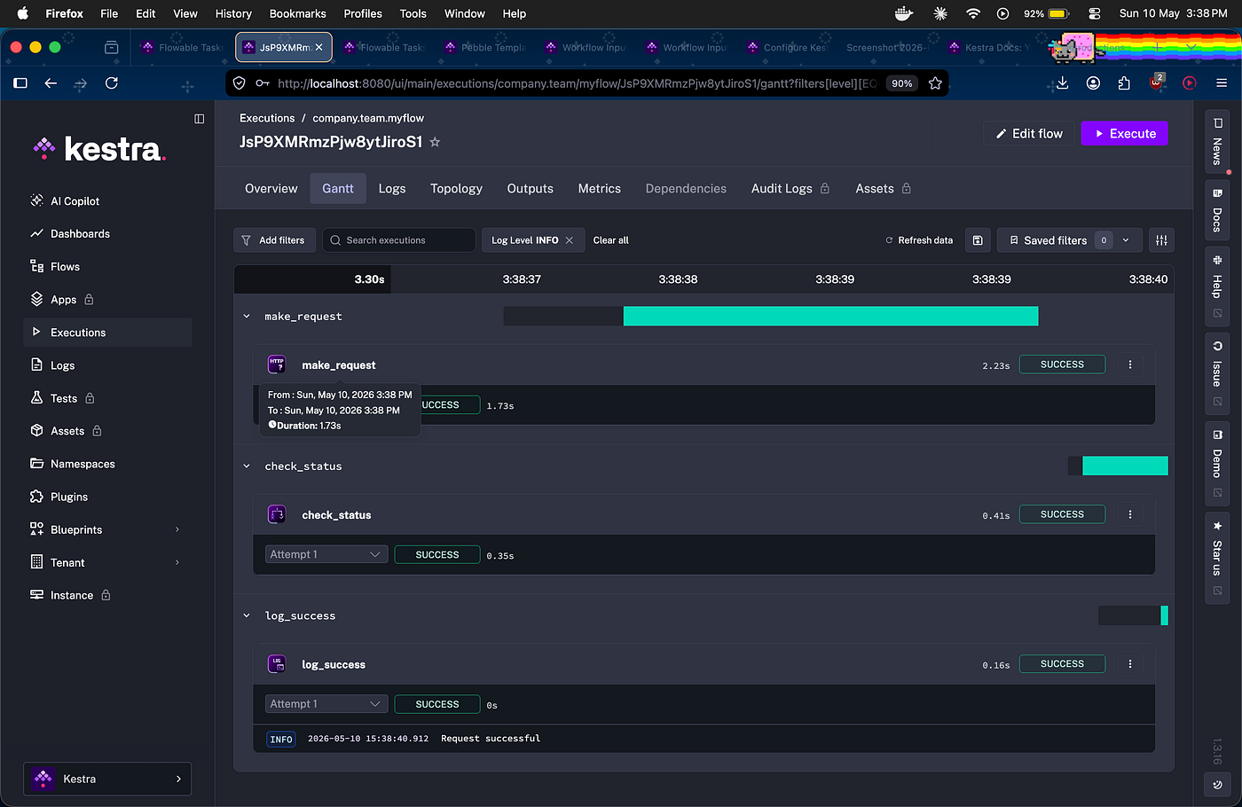 Execution showing make_request → check_status → log_success all green