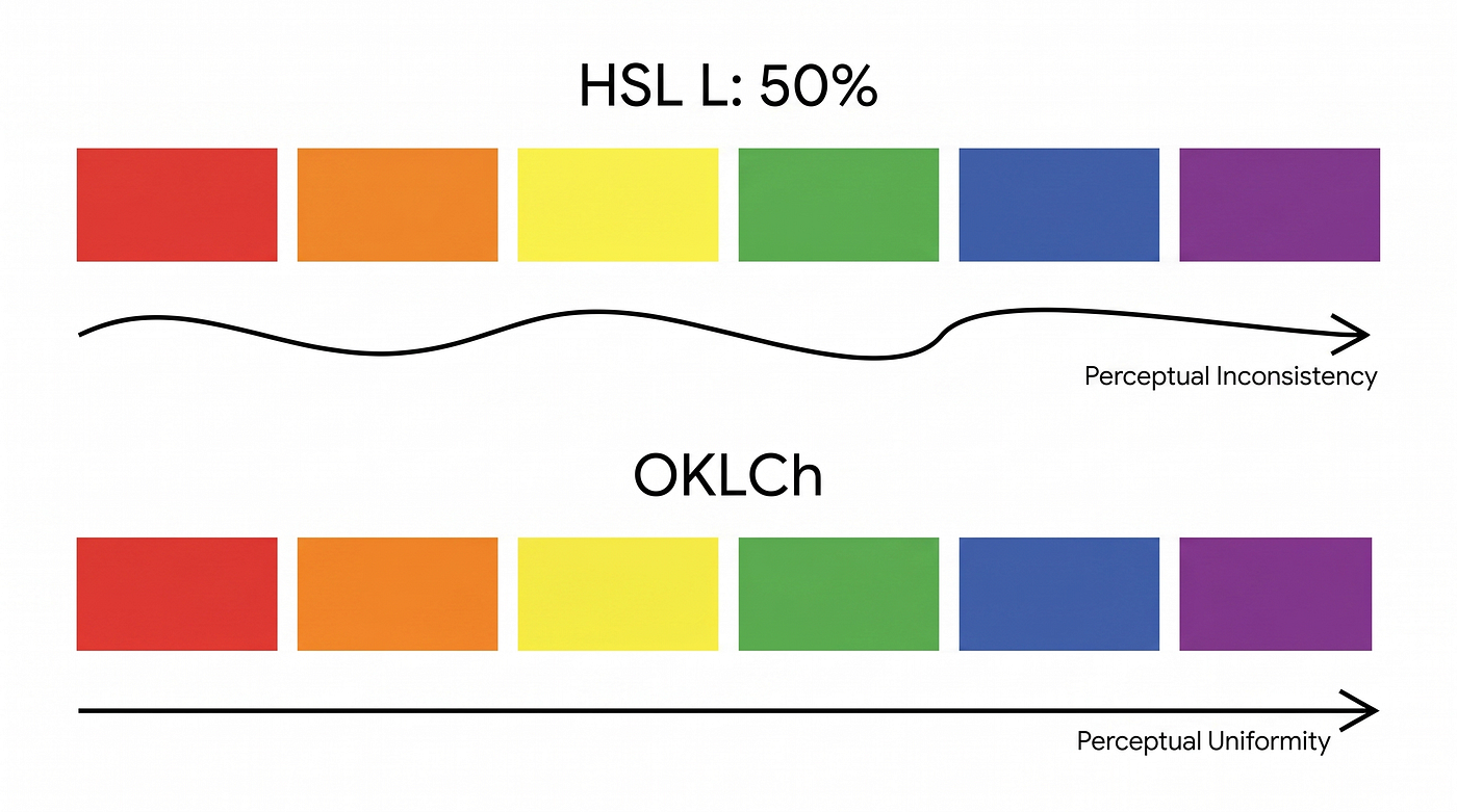 Os mesmos 6 matizes. O mesmo valor declarado de luminosidade. Resultado completamente diferente para os olhos — no HSL. No OKLCh, o que o número diz é o que você vê. Imagem gerada pelo Gemini (Nano Banana 2.0).