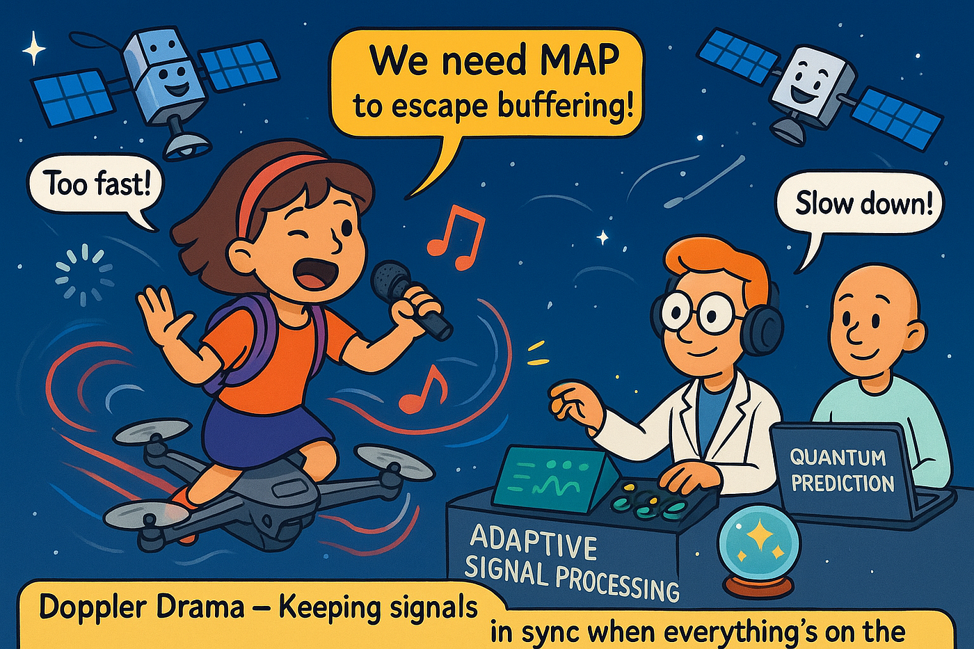Keeping signals in sync when everything’s on the run. The image playfully combines the topics of The Wireless Game series: the need for MAP to share the channel (Level 1) and the necessity of Adaptive Signal Processing (Level 4) and Quantum Prediction (Future) to combat high-speed Doppler drift.
