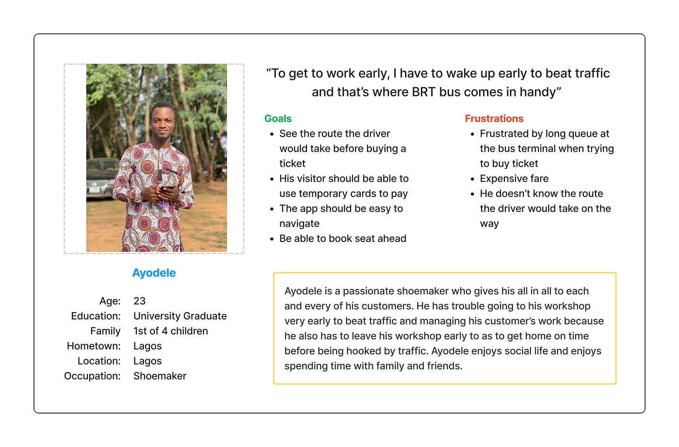 User Persona of one of the respondents, Ayodele.