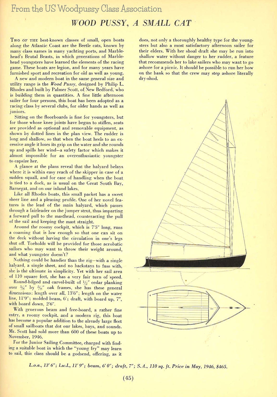 Description and blueprint-like drawing of a Woodpussy, a new type of Cat boat.