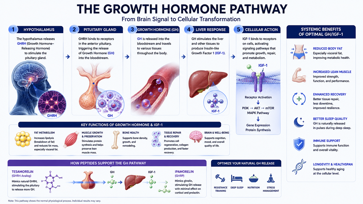 The growth hormone pathway and how tesamorelin aids in increasing it.